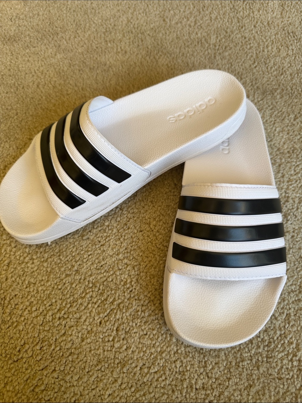 adidas White Slides with Black Stripes